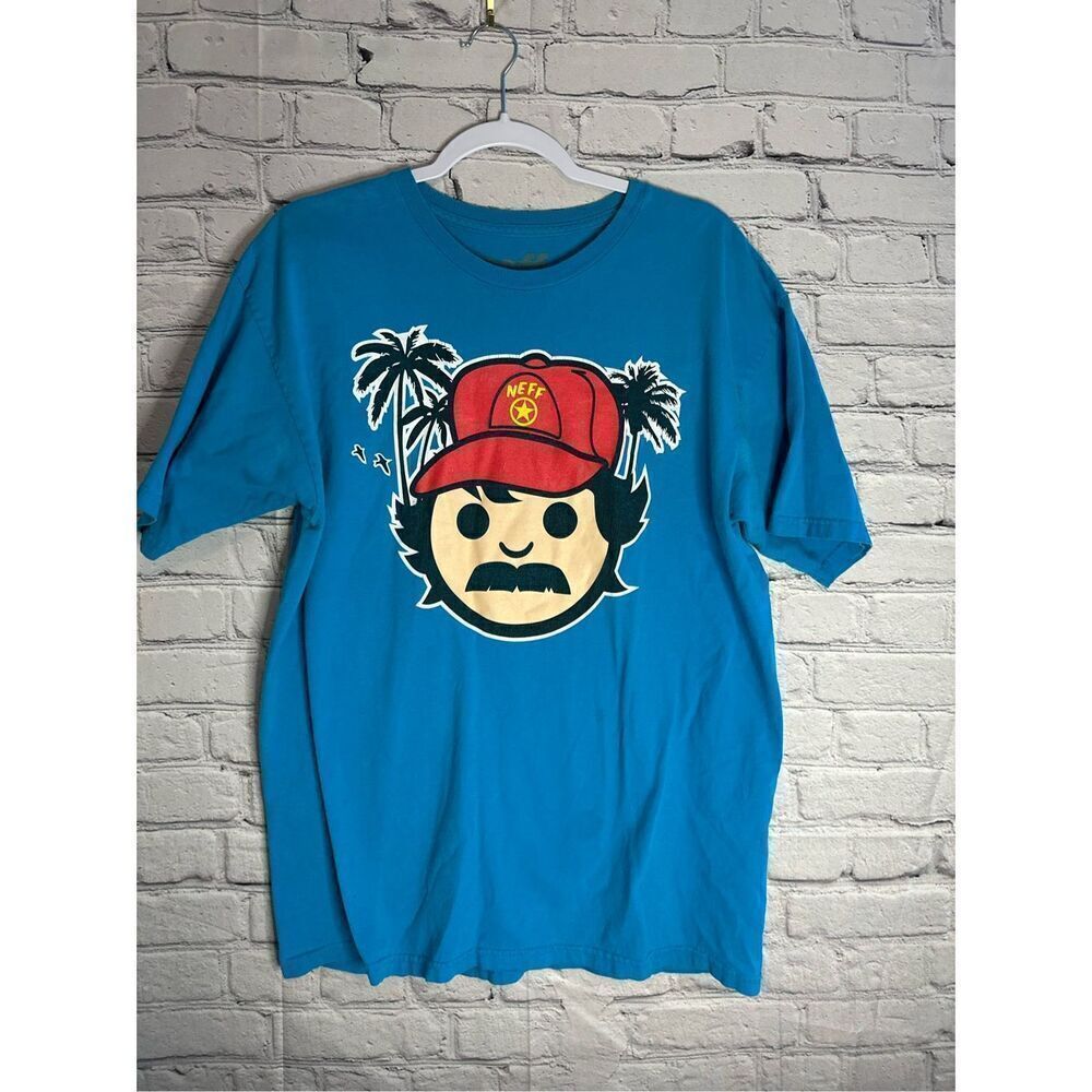 NEFF MEN'S LARGE GRAPHIC BLUE T-SHIRT W/ NEFF HEAD AND PALM TREES LOGO